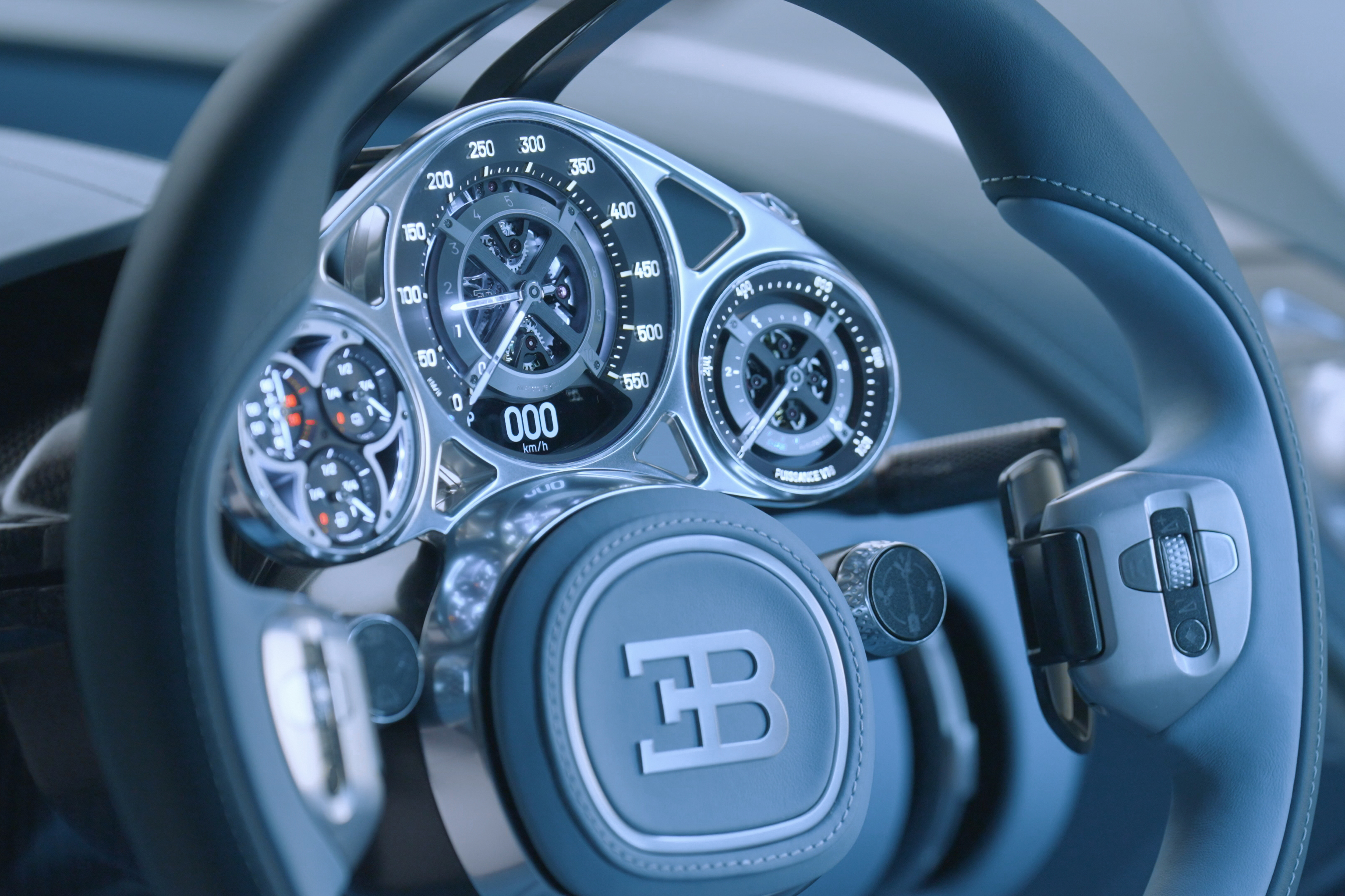 The analogue instrument cluster of the Bugatti Tourbillon was developed in collaboration with Swiss watchmaking experts.